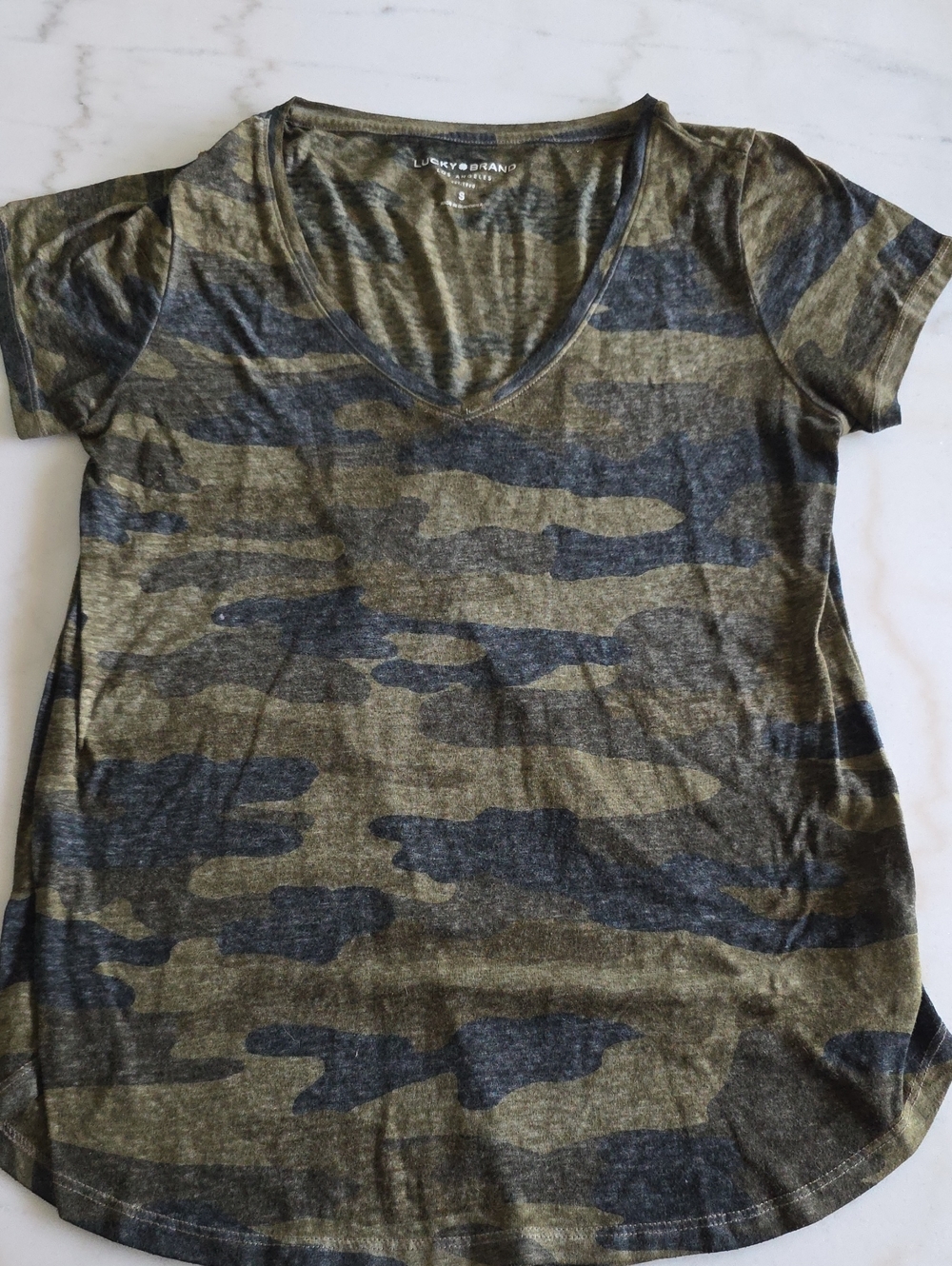 Lucky Brand Green and Gray Camo V-Neck Tee